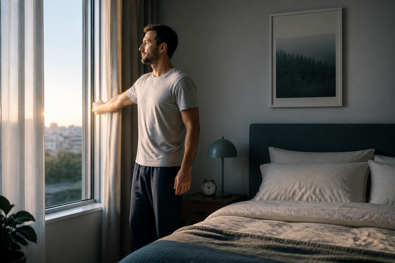 Volwassen man die bij ochtendlicht de gordijnen opent in een rustige slaapkamer